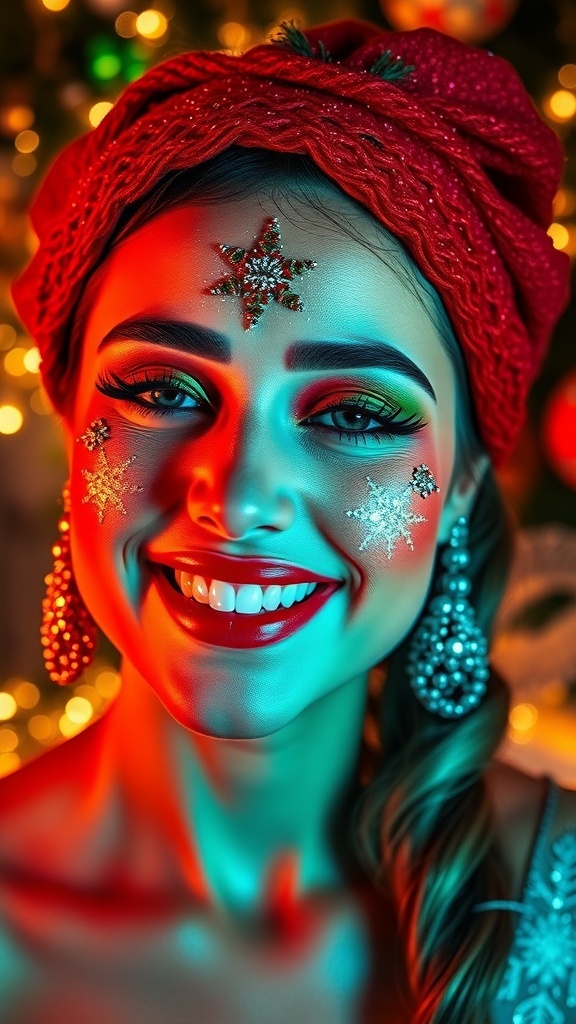 Artistic Christmas Makeup Ideas Artistic Christmas makeup with red and green eyeshadows, glitter, and festive embellishments.